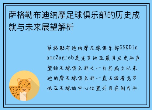 萨格勒布迪纳摩足球俱乐部的历史成就与未来展望解析